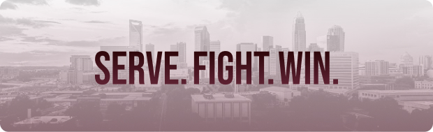 The text SERVE. FIGHT. WIN. overlaid on a faded city skyline for Edwards Injury Law.
